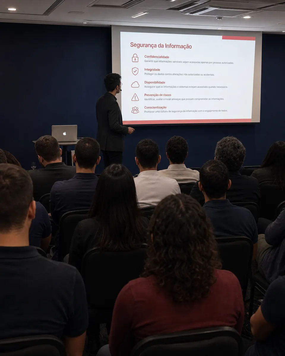 Apresentação institucional sobre segurança da informação para equipe em auditório.